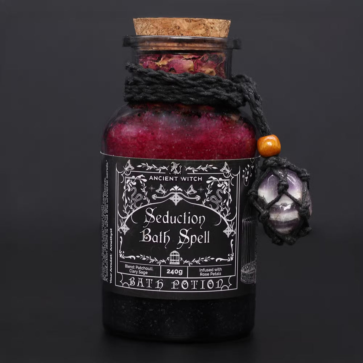 Ancient Witch Seduction Bath Spell Potion with Amethyst Necklace