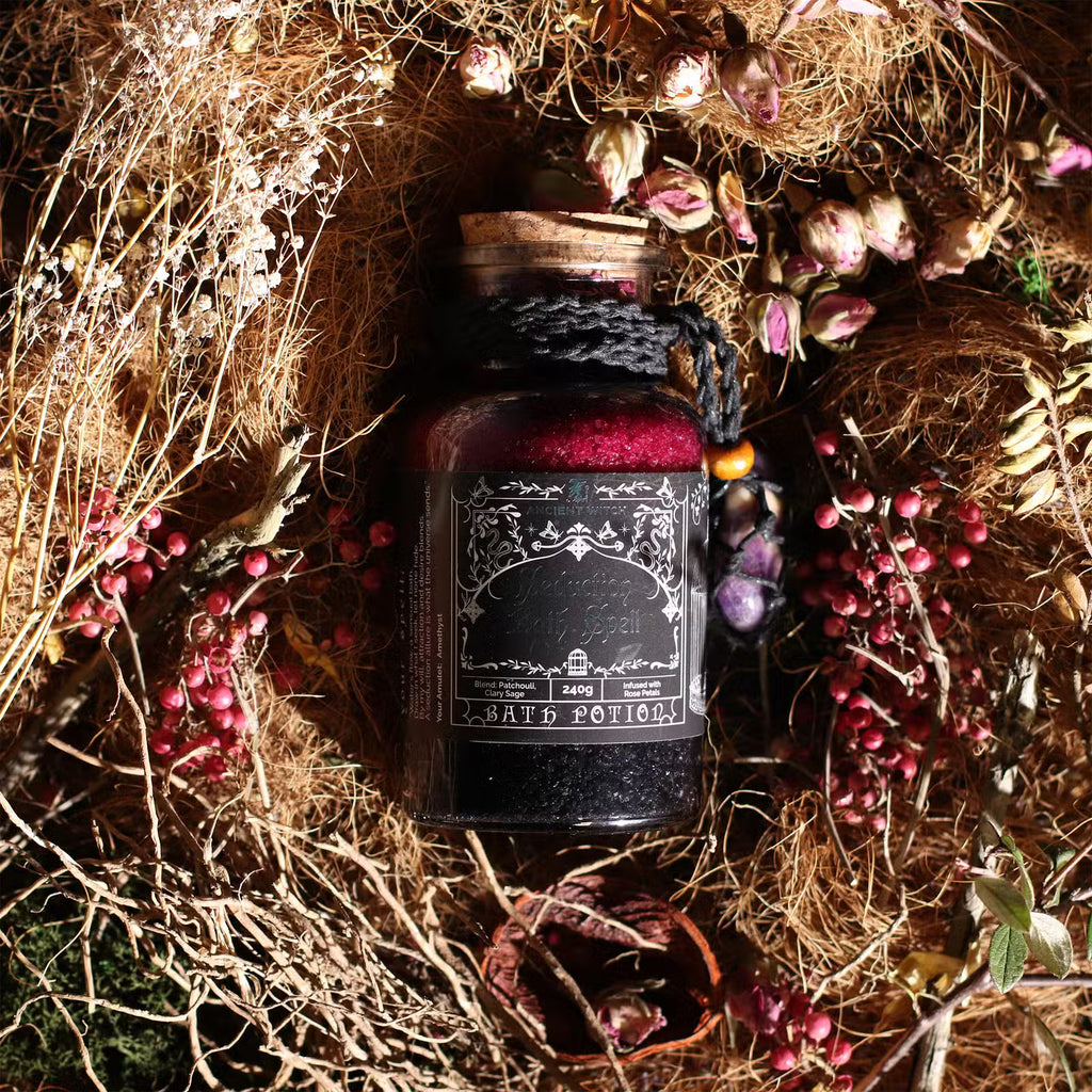 Ancient Witch Seduction Bath Spell Potion with Amethyst Necklace
