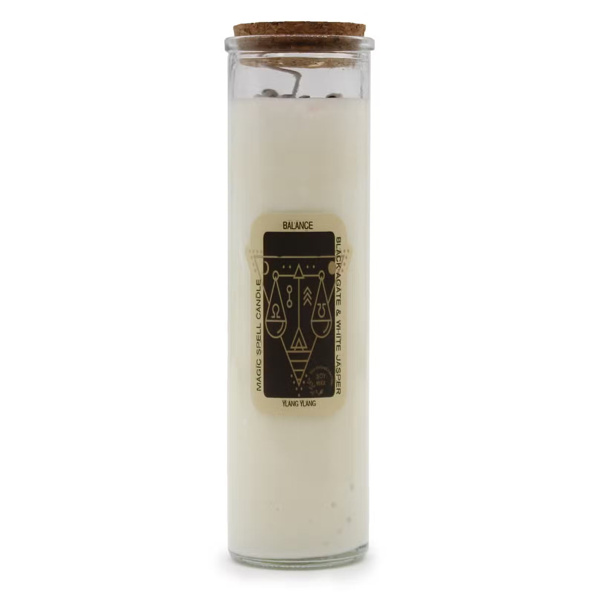 BALANCE Magic Spell Candle with Black Agate & White Jasper Gemstones & Ylang Ylang