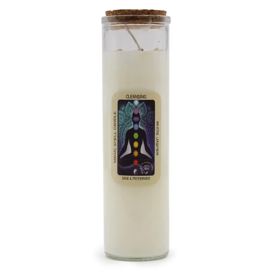 CLEANSING Magic Spell Candle with White Jasper Gems, Sage & Peppermint
