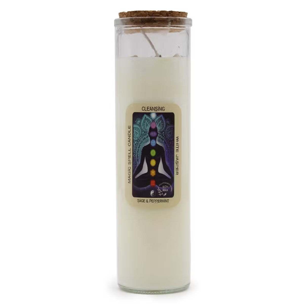 CLEANSING Magic Spell Candle with White Jasper Gems, Sage & Peppermint