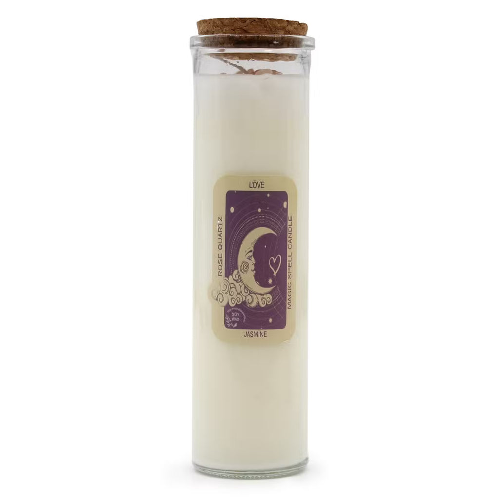 LOVE Magic Spell Candle with Rose Quartz Gemstones & Jasmine Fragrance