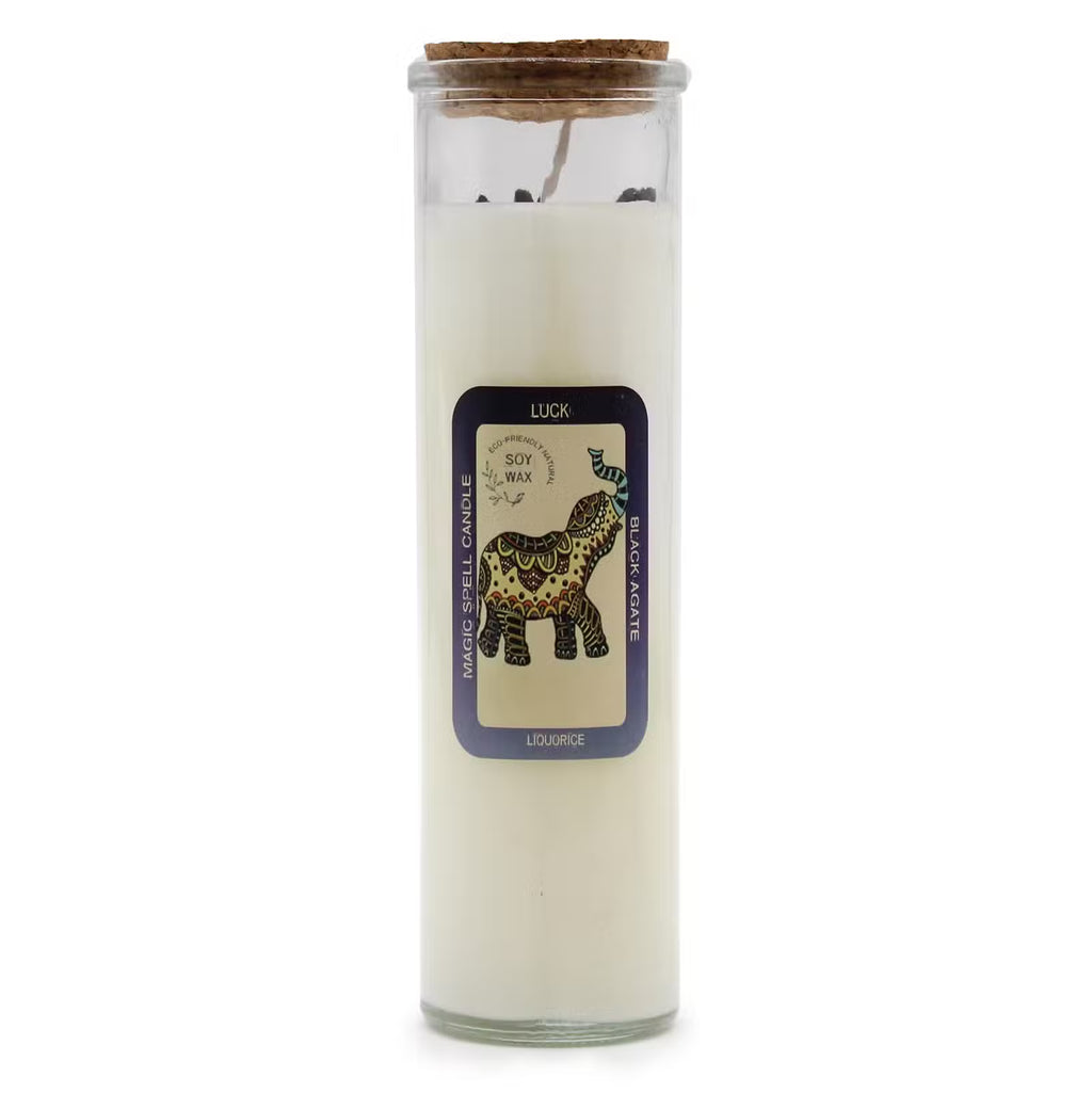 LUCK Magic Spell Candle with Black Agate Gemstones & Liquorice
