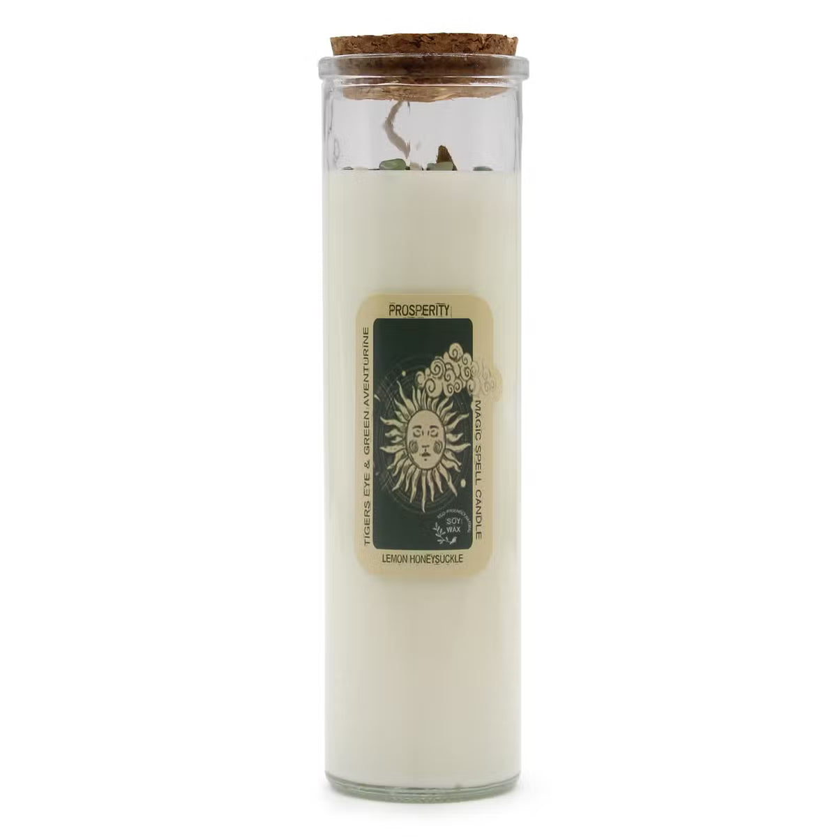 PROSPERITY Magic Spell Candle with Tiger Eye & Aventurine Gemstones & Lemon Honeysuckle