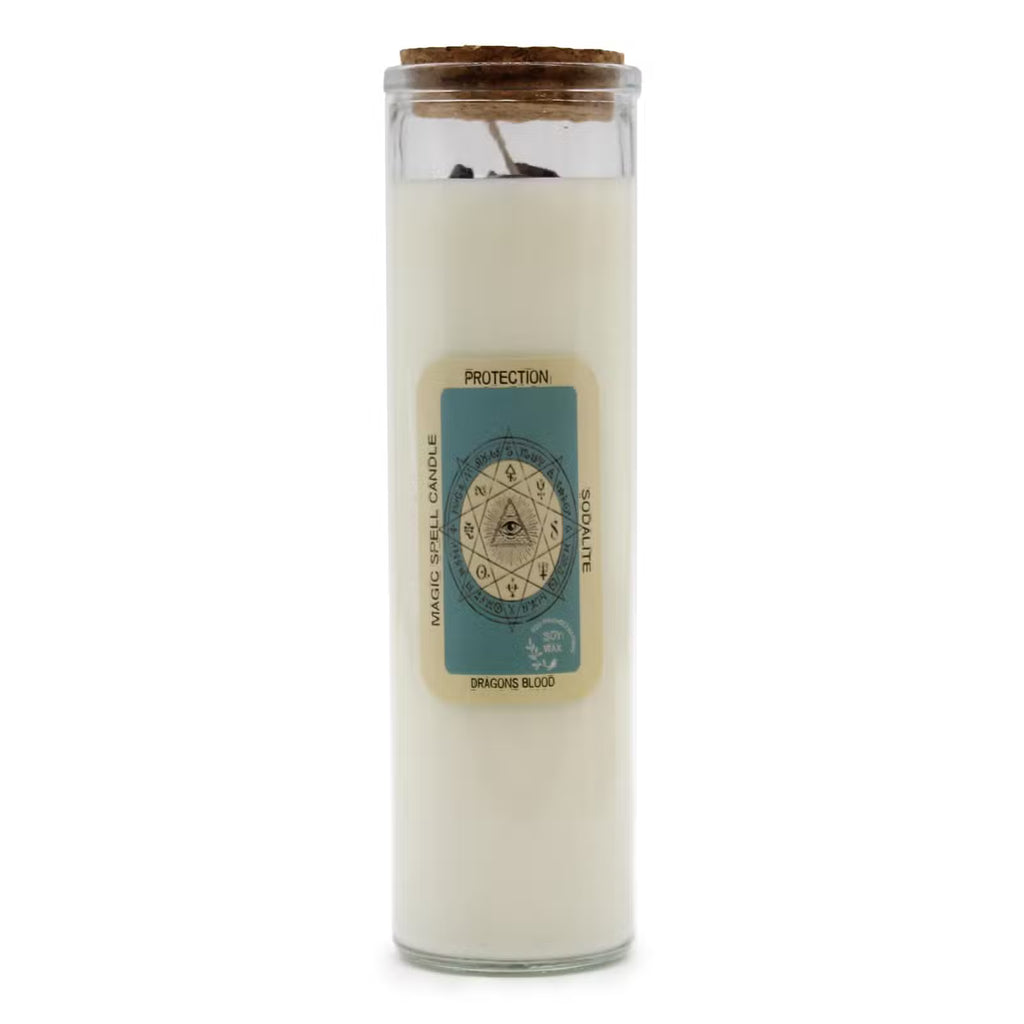PROTECTION Magic Spell Candle with Sodalite Gemstones & Dragons Blood