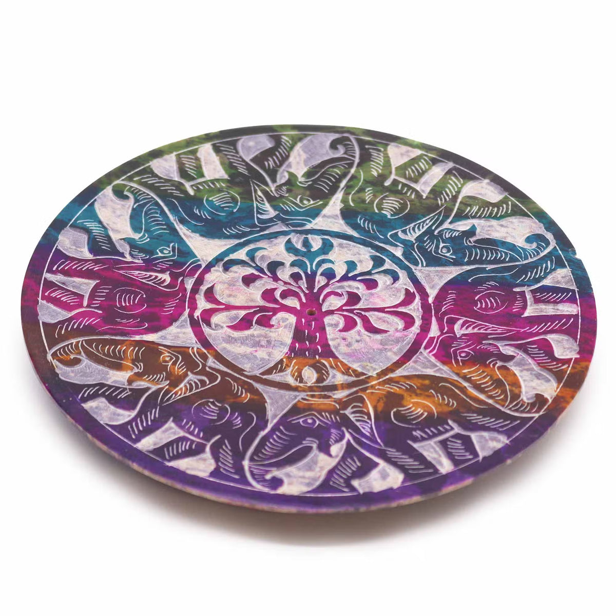 Soapstone Disc Incense Holder 12cm - 6 Lucky Elephants