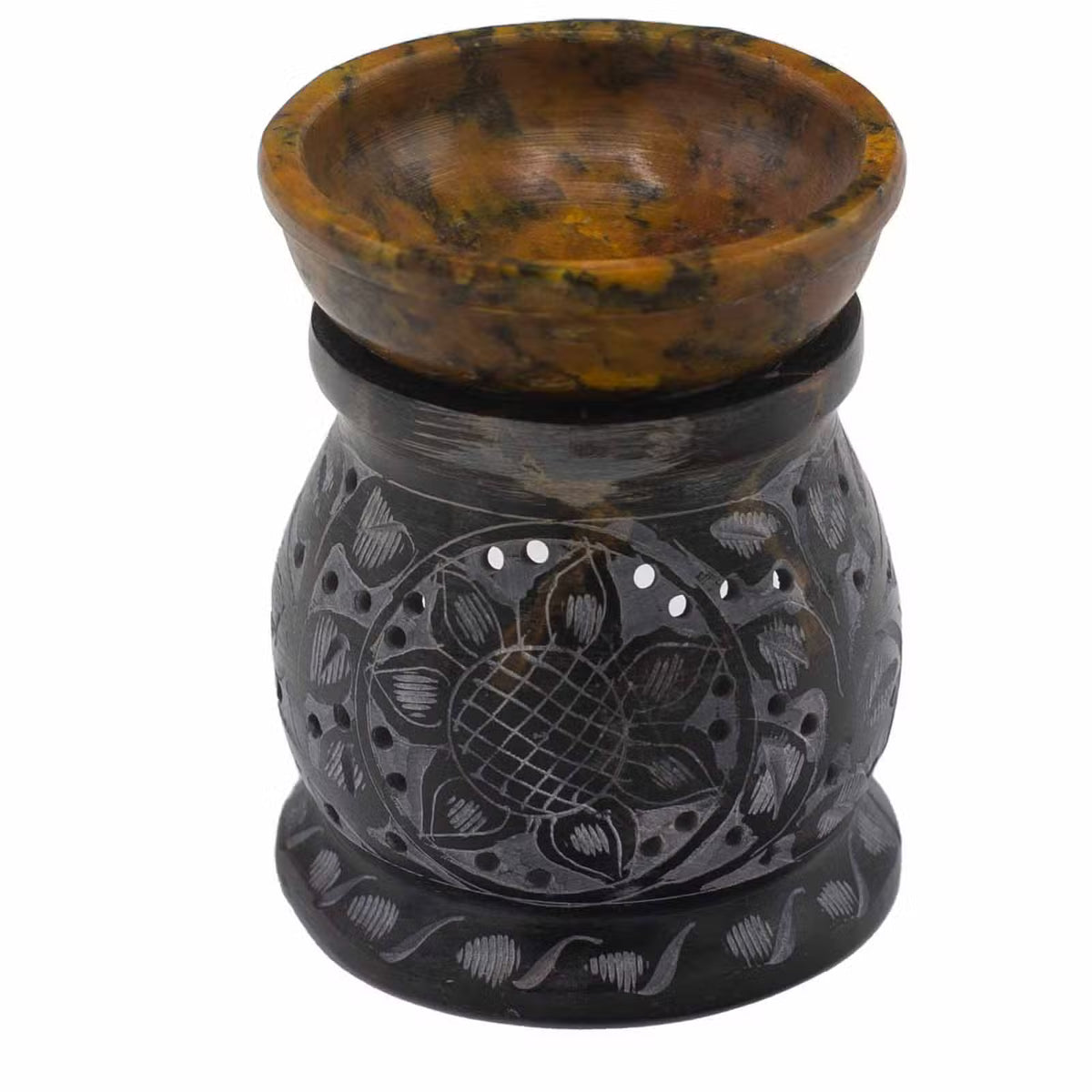 Soapstone Mandala Flower Oil Burner 10cm - Black & Yellow