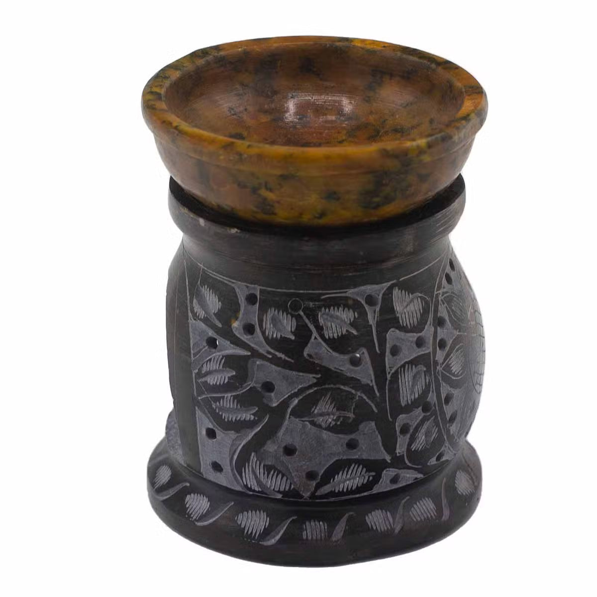 Soapstone Mandala Flower Oil Burner 10cm - Black & Yellow