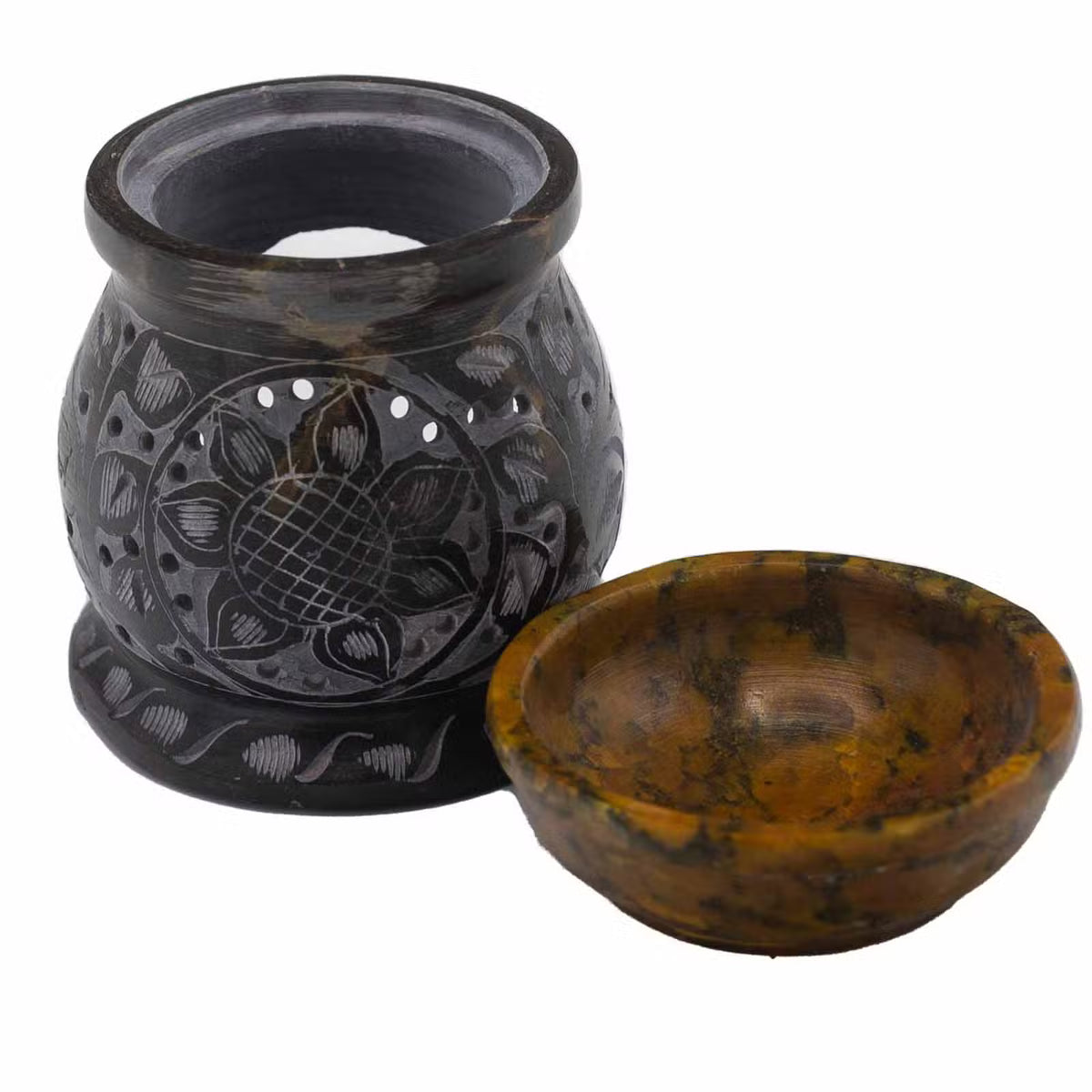 Soapstone Mandala Flower Oil Burner 10cm - Black & Yellow