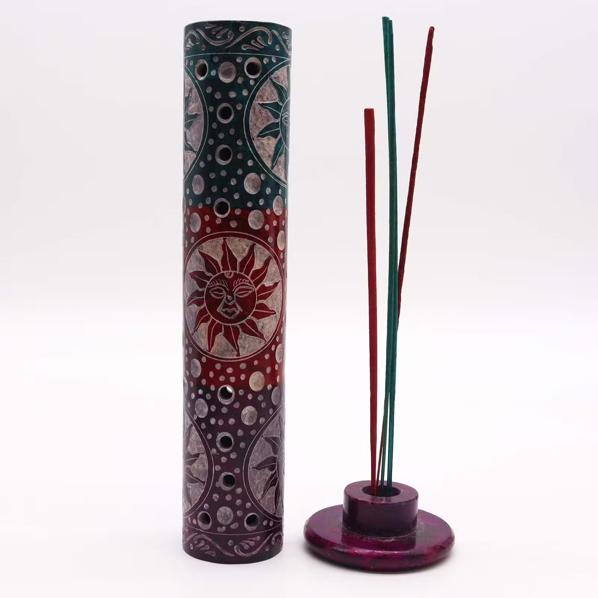 Soapstone Round Tower Incense Holder 25 x 7.5cm - Sun