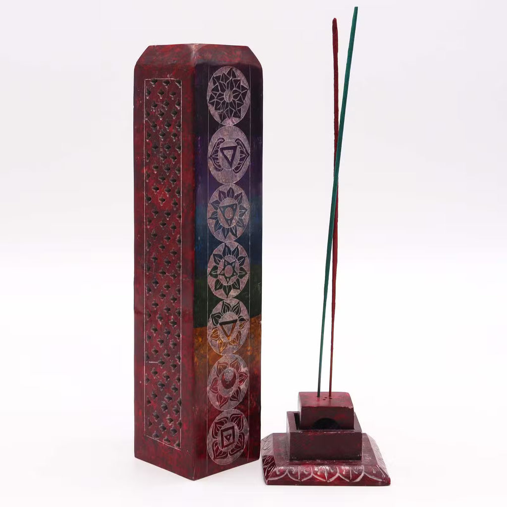 Soapstone Square Tower Incense Holder 25 x 8cm - 7 Chakras