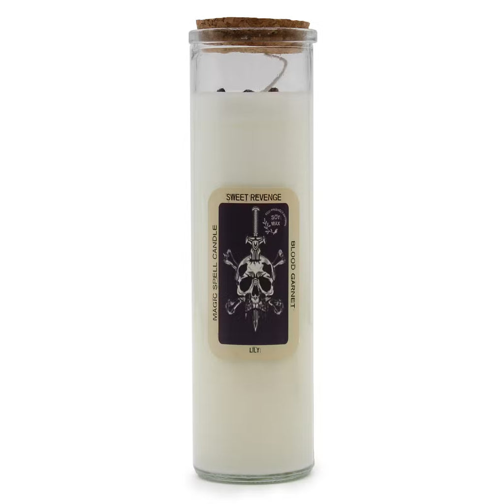 SWEET REVENGE Magic Spell Candle with Blood Garnet Gemstones & Lily Fragrance